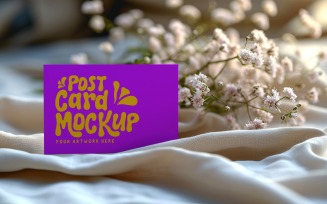 Post card Mockup with flowers on the silk cloth 221