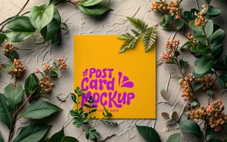 Post card mockup with dried Flowers on rustic tile 249