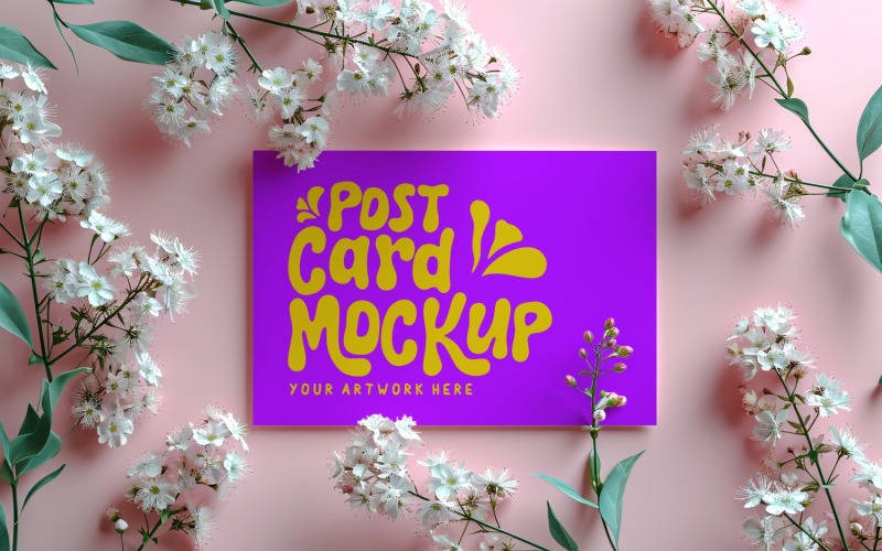 Post card mockup with dried Flowers on The Pink Background 247 Product Mockup