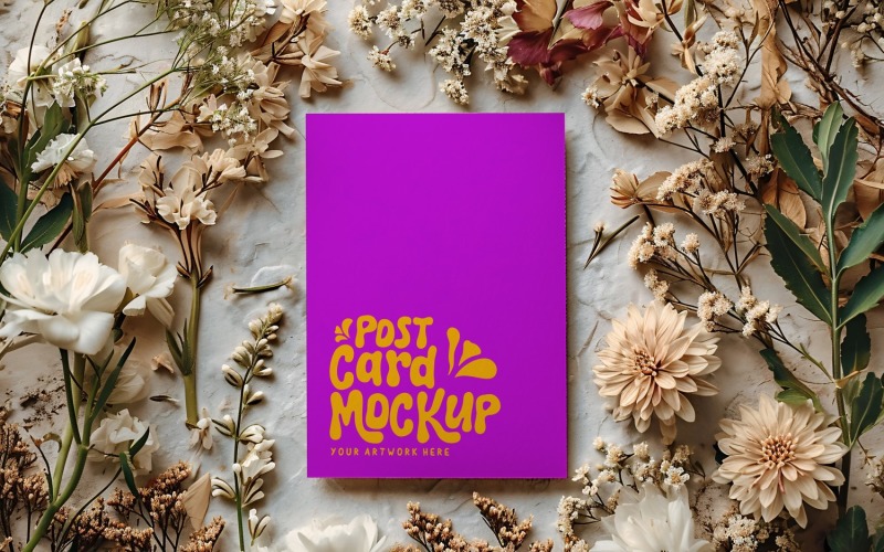 Post card Mockup with dried Flowers on The rustic tile 236 Product Mockup
