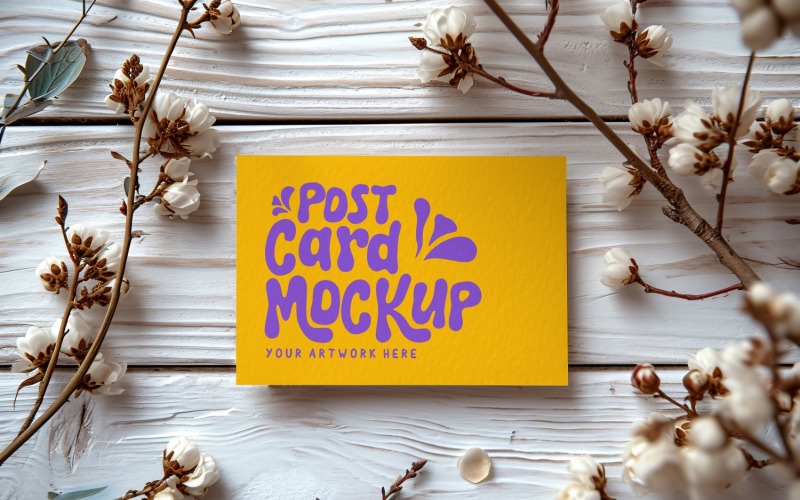 Post card Mockup with dried Flowers on The wood 231 Product Mockup