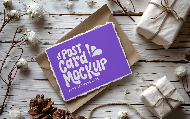 Post card Mockup with dried Flowers On wooden table 234 Product Mockup