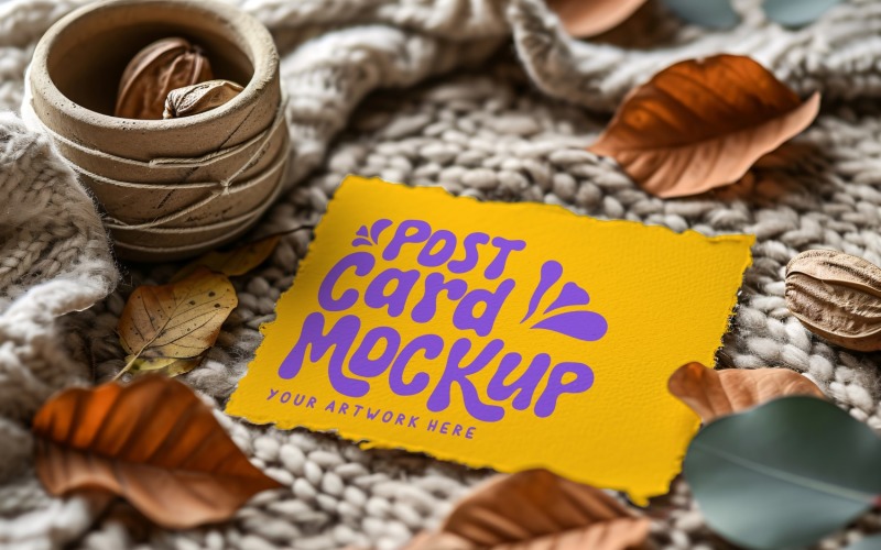Post card mockup with Dried Leaves 250 Product Mockup