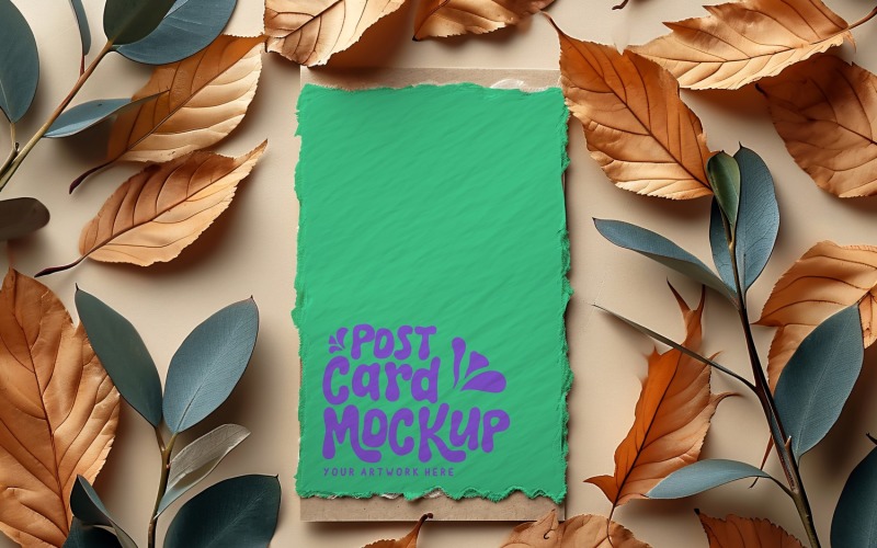 Post card mockup with Dried Leaves 252 Product Mockup