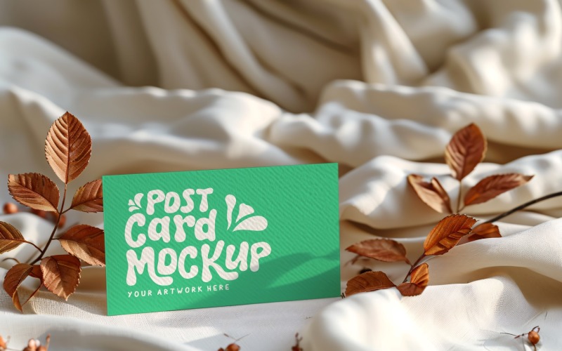 Post card mockup with Dried Leaves in the silk cloth 253 Product Mockup