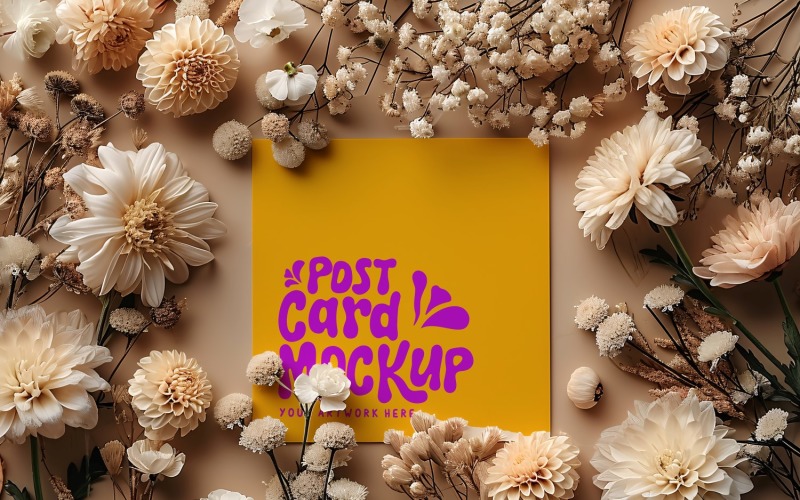 Post card Mockup with Flowers on The Sand Background 237 Product Mockup