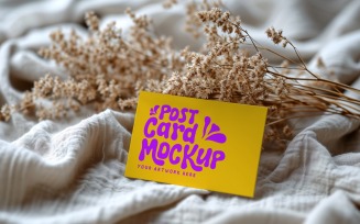 Post card mockup Flatlay with dried Flowers on Cloth 302