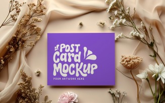 Post card Mockup with dried Flowers on the silk cloth 271