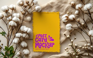 Post card mockup with flowers on the cloth 309