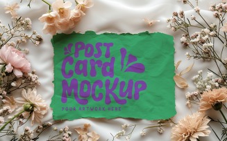 Post card Mockup with flowers on the silk cloth 269