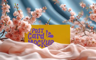 Post card mockup with flowers on the silk cloth 303