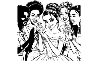 art illustration of a beautiful young woman showing off her wedding ring to her friends