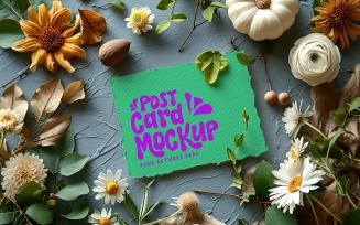 Post card Mockup Flatlay designe On the flowers 338