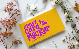 Post card mockup Flatlay with dried Flowers on the tile 340