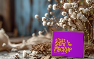 Post card mockup Flatlay with dried Flowers on wooden table 339
