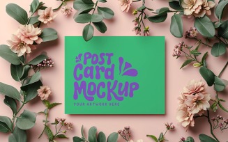 Post Card Mockup Flatlay with flowers 377
