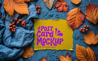 Post card mockup Flatlay with Leaves 354