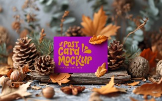 Post card mockup with dried flowers on the pine cone 348