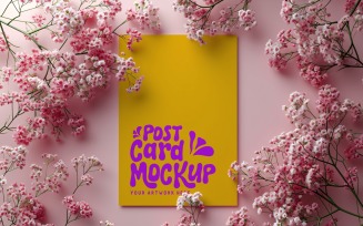 post card mockup with dried flowers on the pink background 399