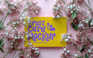 post card mockup with dried flowers on the pink background 400