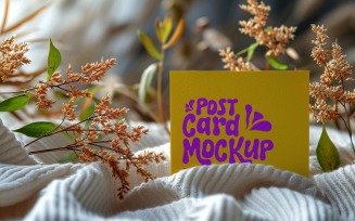 Post card mockup with flowers on the cloth 349