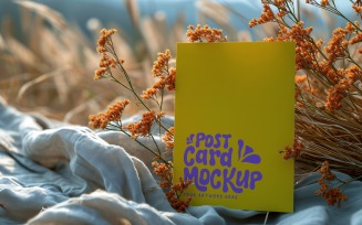 Post card mockup with flowers on the cloth 351