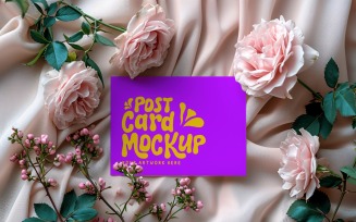 Post card mockup with flowers on the silk cloth 324