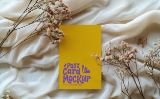 Post card mockup with flowers on the silk cloth 341