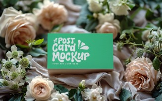 Post Card Mockup With Flowers on the silk cloth 378