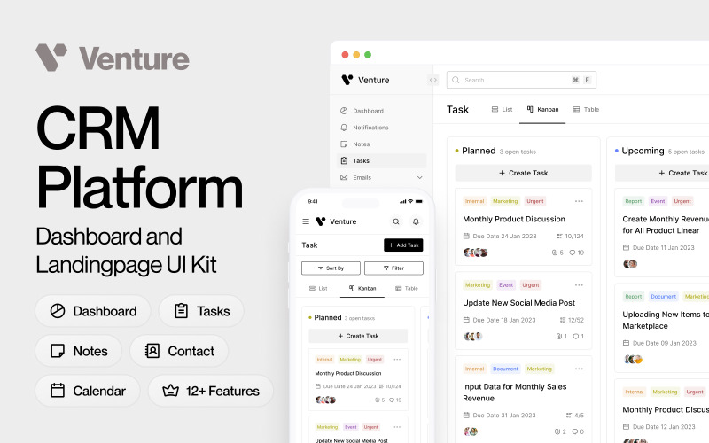 Venture - CRM Dashboard & Landing page UI Kit UI Element