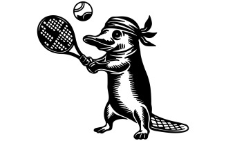 A striking, monochromatic illustration of a platypus playing tennis