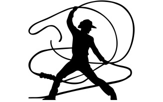 image depicts the silhouette of a person performing a trick with a lasso or rope.