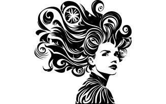 The image showcases an imaginative, monochrome illustration of a woman's hairstyle