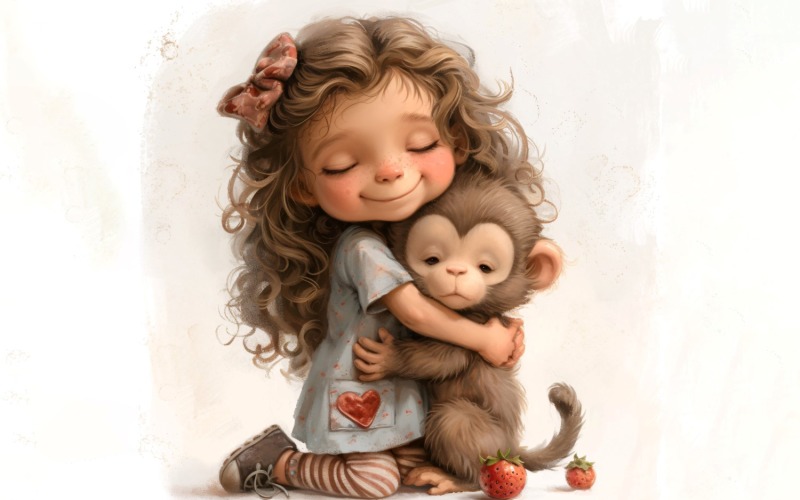 Girl Hugging with Monkey 95 Illustration
