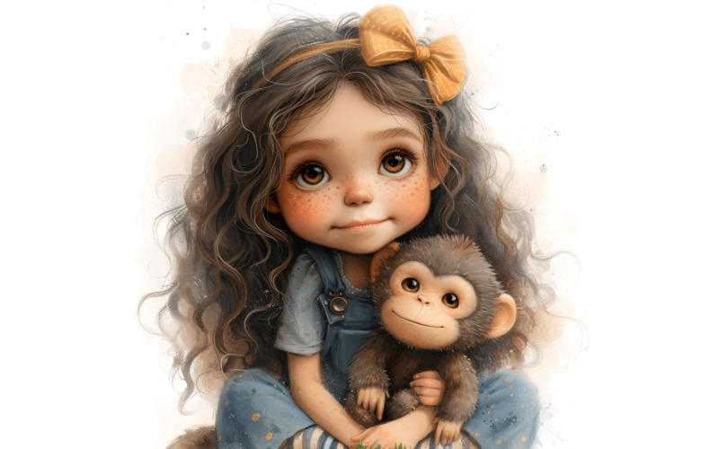 Girl Hugging with Monkey 97 Illustration