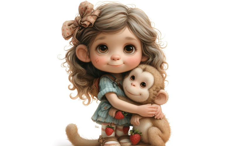 Girl Hugging with Monkey 98 Illustration