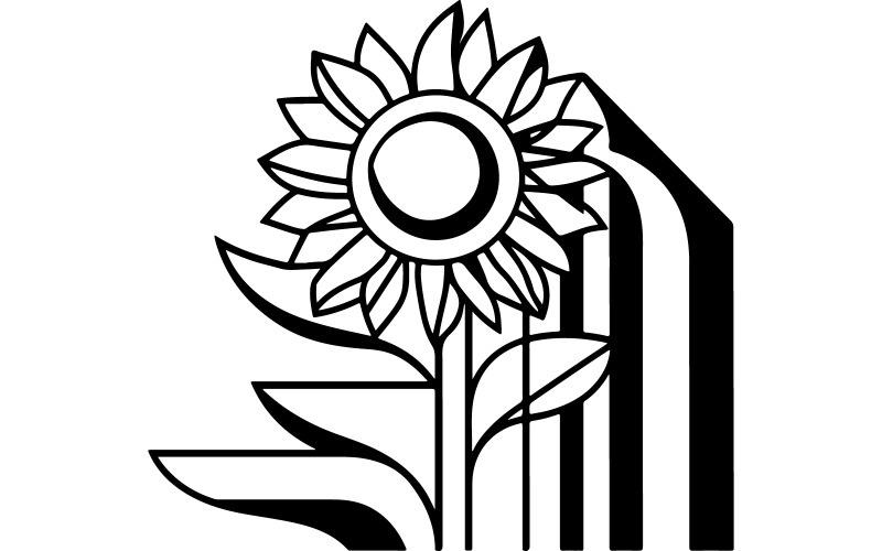 A minimalist, vector illustration art of a sunflower in black and white Illustration
