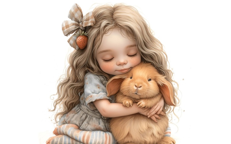 Girl Hugging with Bunny 119 Illustration