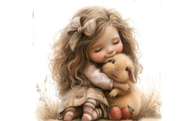 Girl Hugging with Bunny 120 Illustration