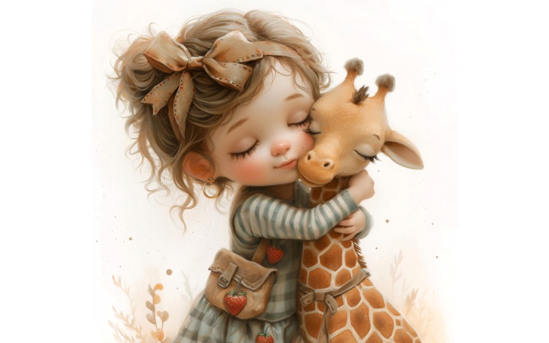 Girl Hugging with Giraffe 107 Illustration