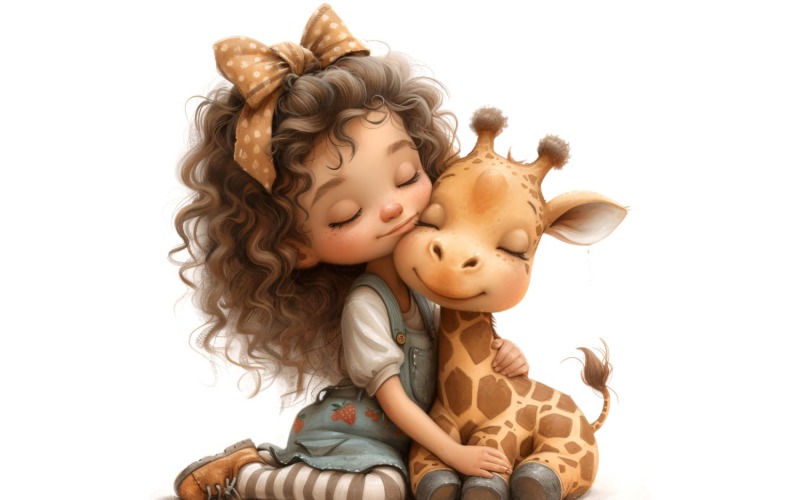 Girl Hugging with Giraffe 108 Illustration