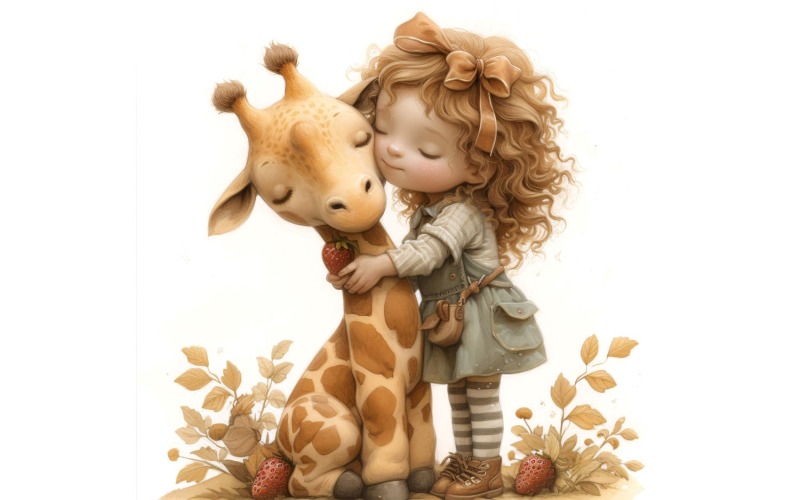 Girl Hugging with Giraffe 109 Illustration