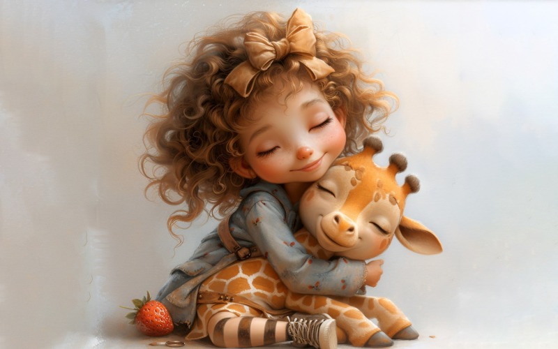 Girl Hugging with Giraffe 110 Illustration