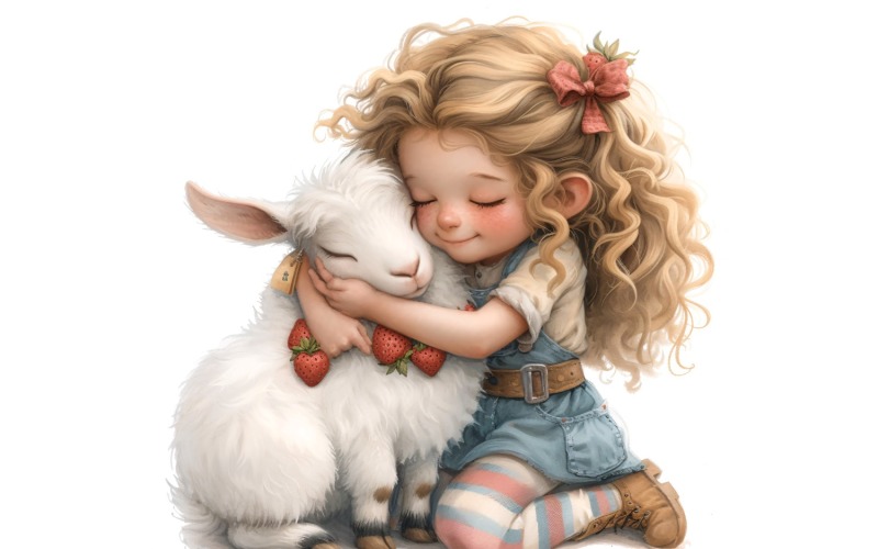 Girl Hugging with Goat 104 Illustration