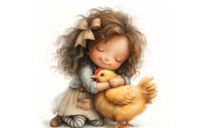 Girl Hugging with hen 112 Illustration