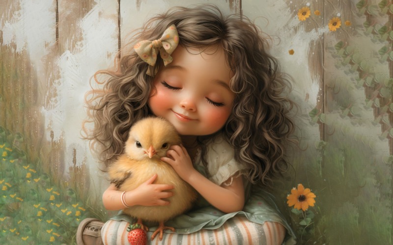 Girl Hugging with hen 113 Illustration