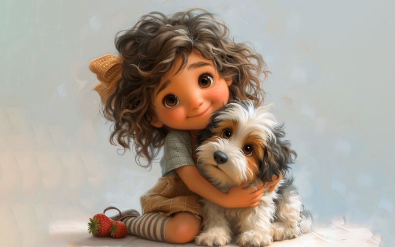 Girl Hugging with Quirky dog 116 Illustration
