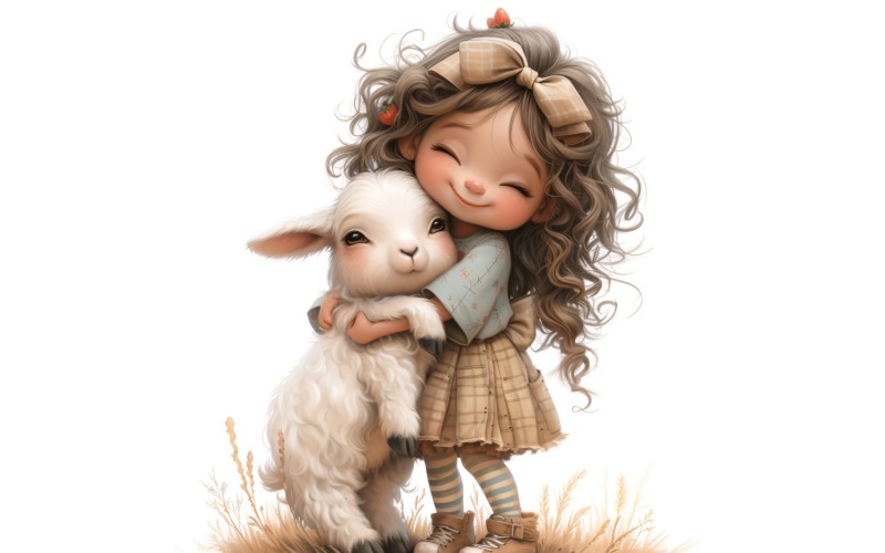 Girl Hugging with Sheep 106 Illustration