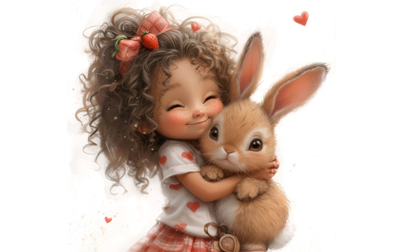 Girl Hugging with Bunny 137 Illustration