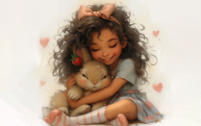 Girl Hugging with Bunny 138 Illustration